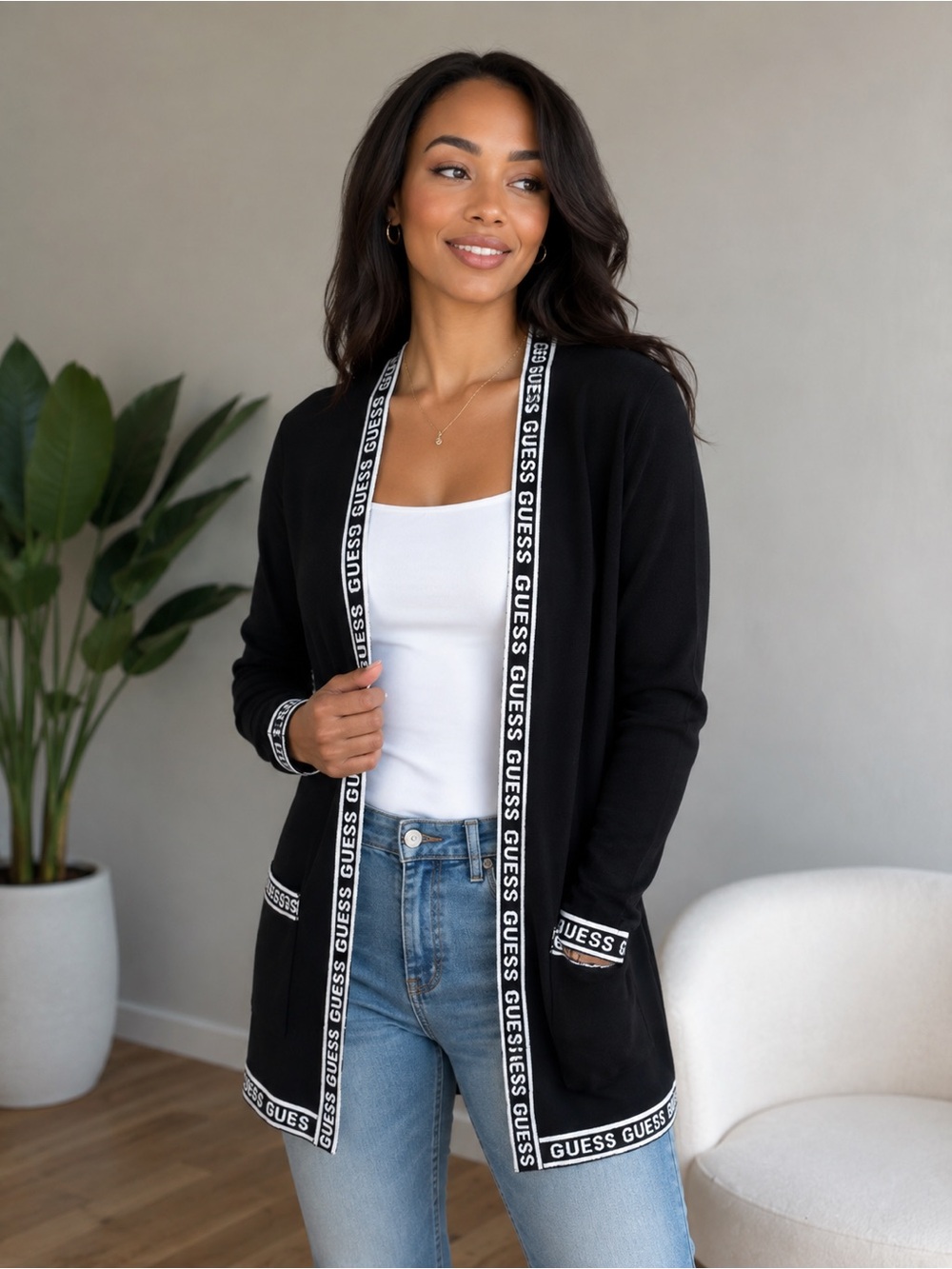Guess Women Black Open-Front Cardigan with Logo Trim M
